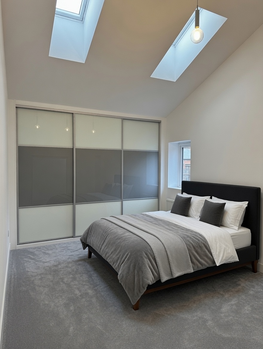 Soft white framed grey glass sliding wardrobe doors beneath skylights in a Barry bedroom