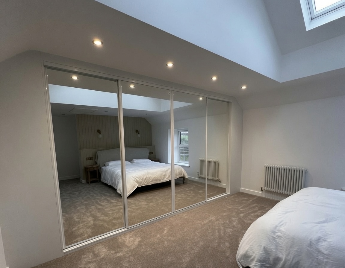The same bedroom fitted with floor-to-ceiling mirrored sliding wardrobe doors