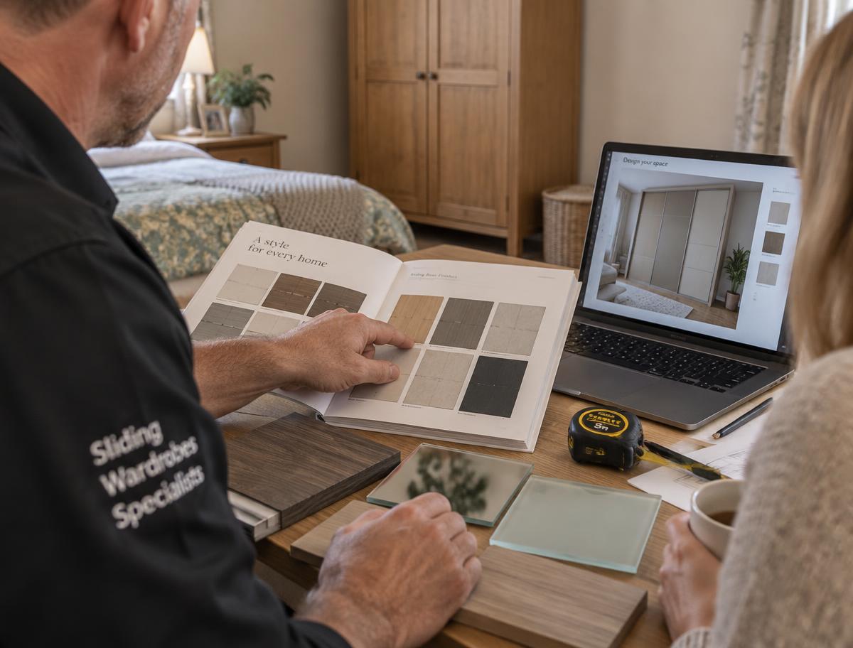 Designer and homeowner reviewing a 3D sliding wardrobe design, samples and measurements during a free home visit