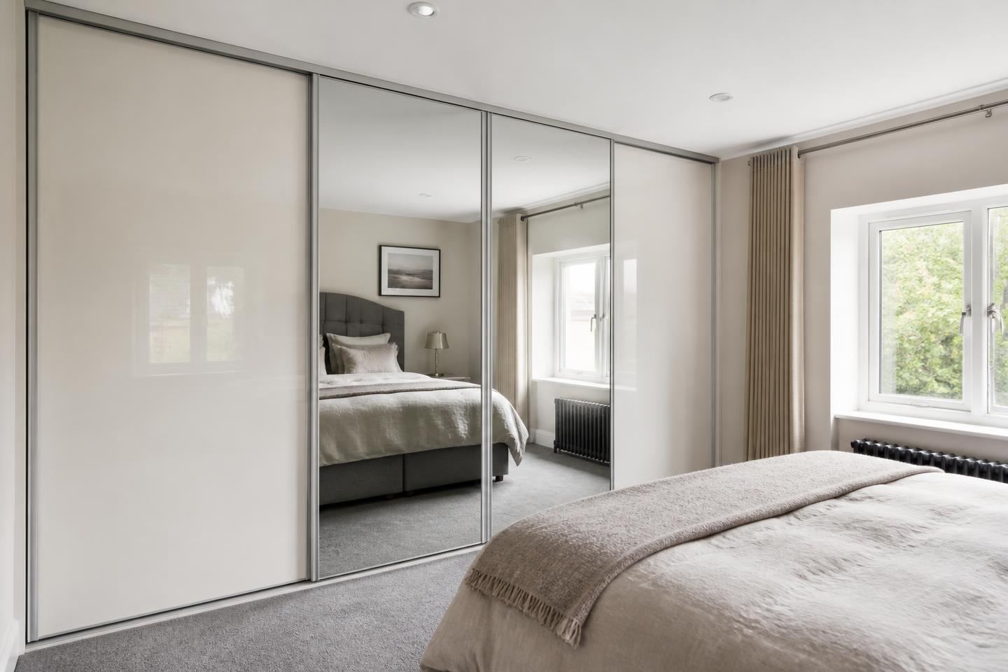 A newly fitted bedroom with floor-to-ceiling sliding wardrobe doors in cream and mirror, reflecting the bed and window