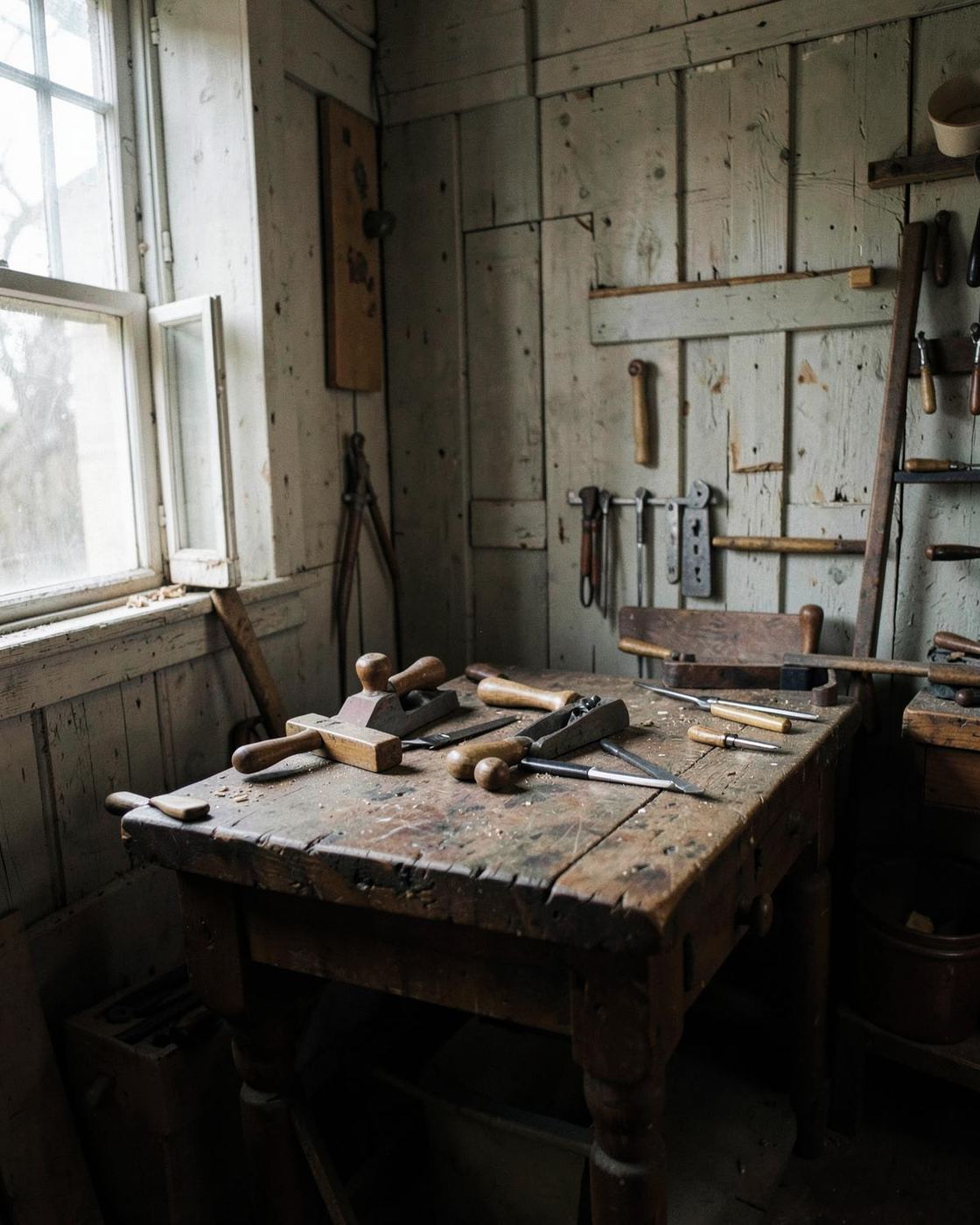 An old workbench and hand tools, standing in for an early photograph of the business