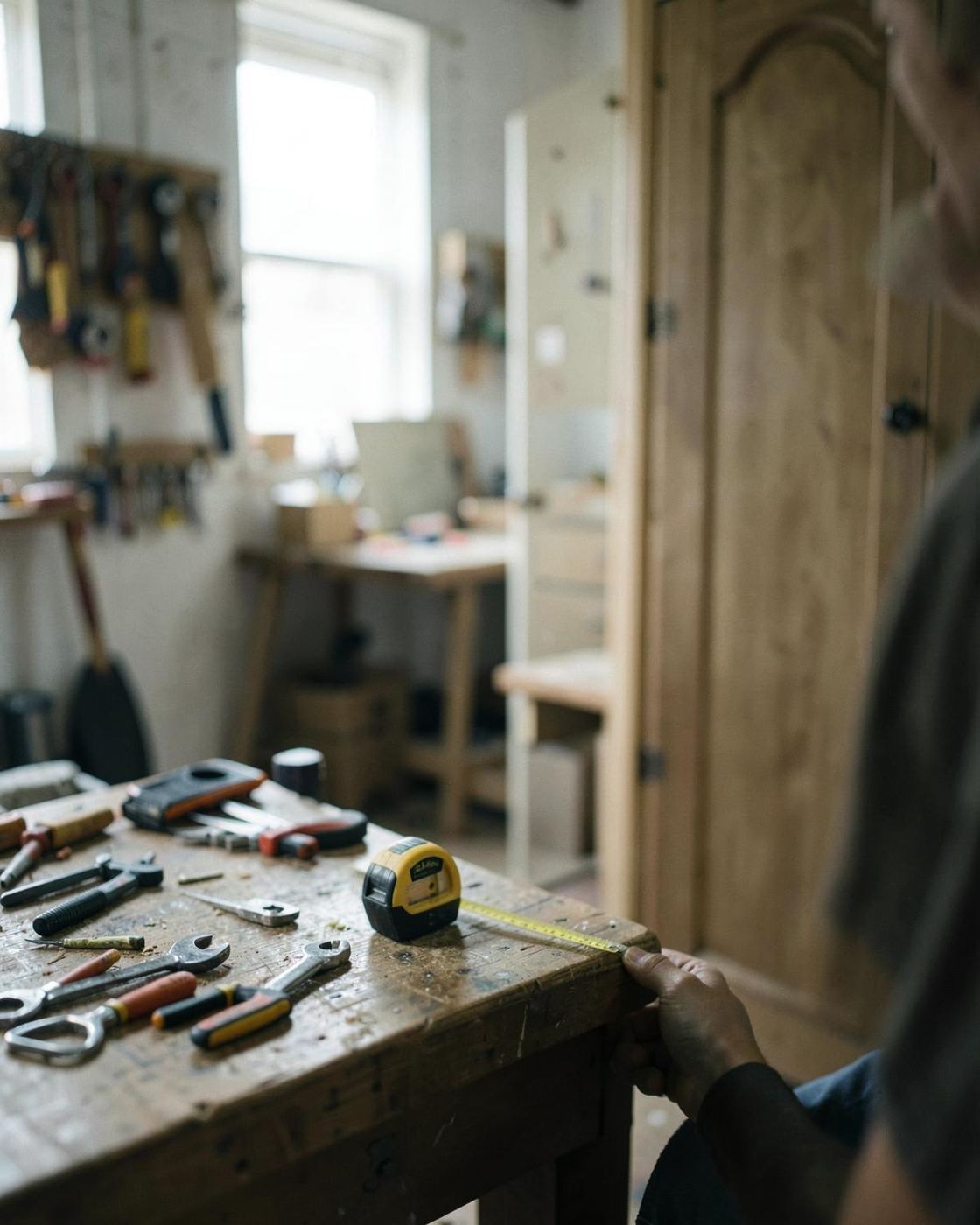 Geraint measuring up at the workbench in the SP Mirror Wardrobes workshop