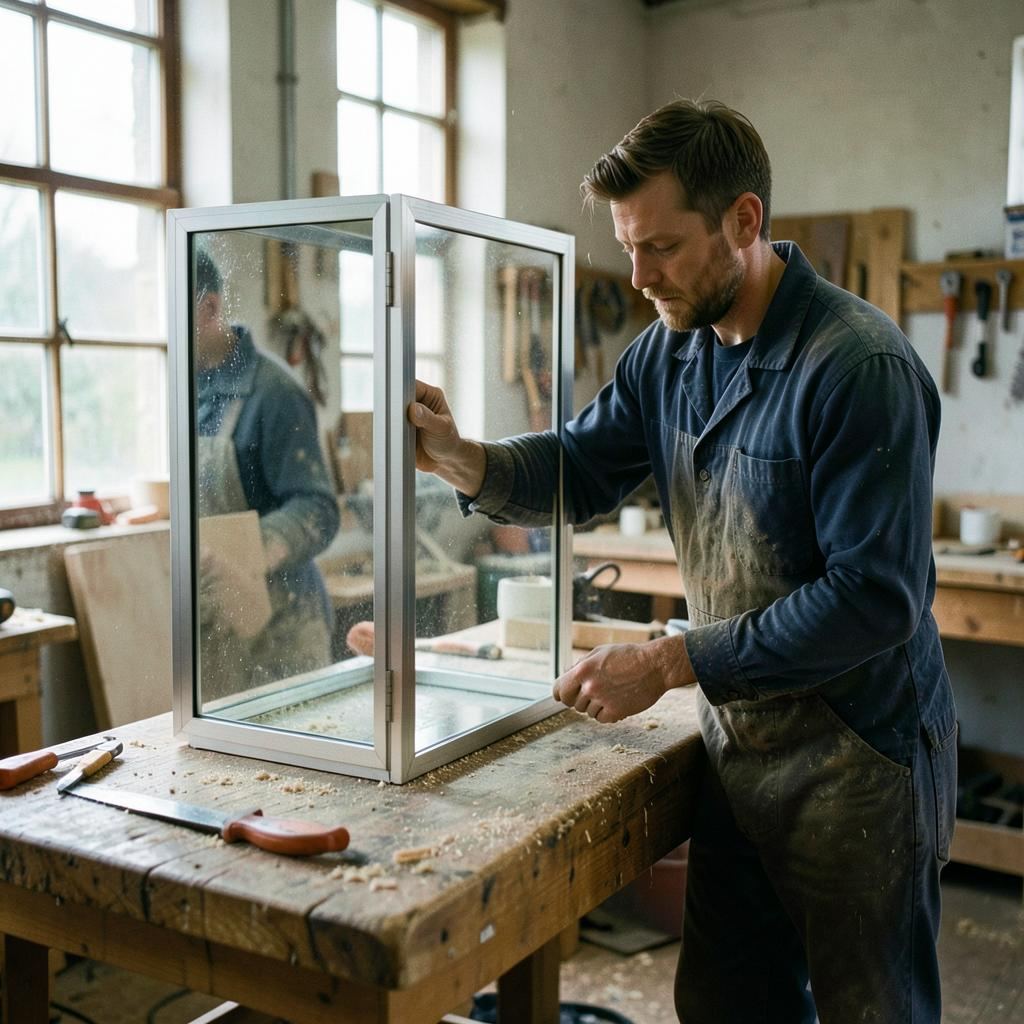 Josh fitting a mirror panel into a sliding wardrobe door frame in the workshop