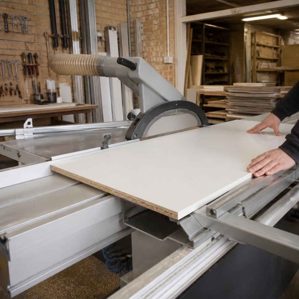 Wardrobe door board being cut to size in the SP Mirror Wardrobes workshop in Cilfynydd