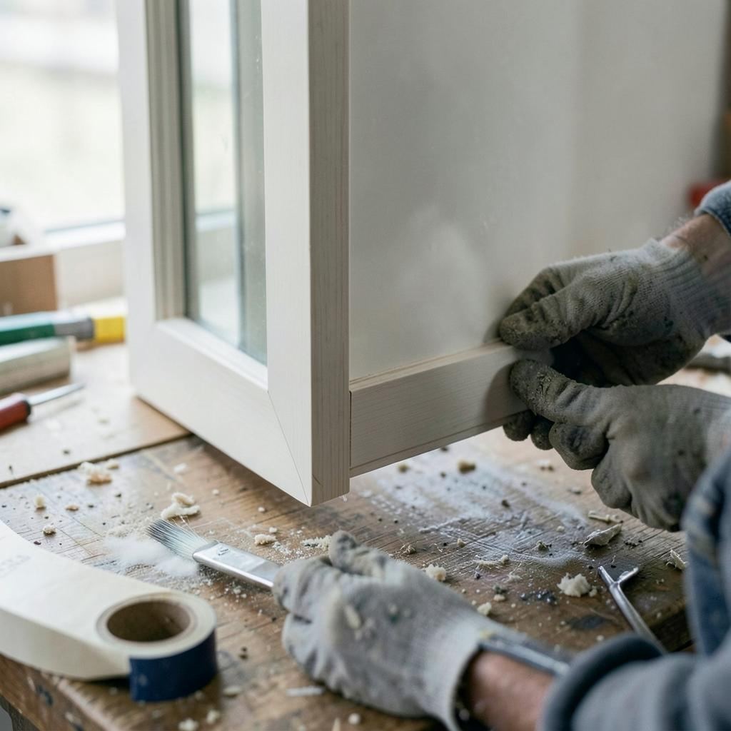 Edging being applied by hand to the edge of a sliding wardrobe door panel