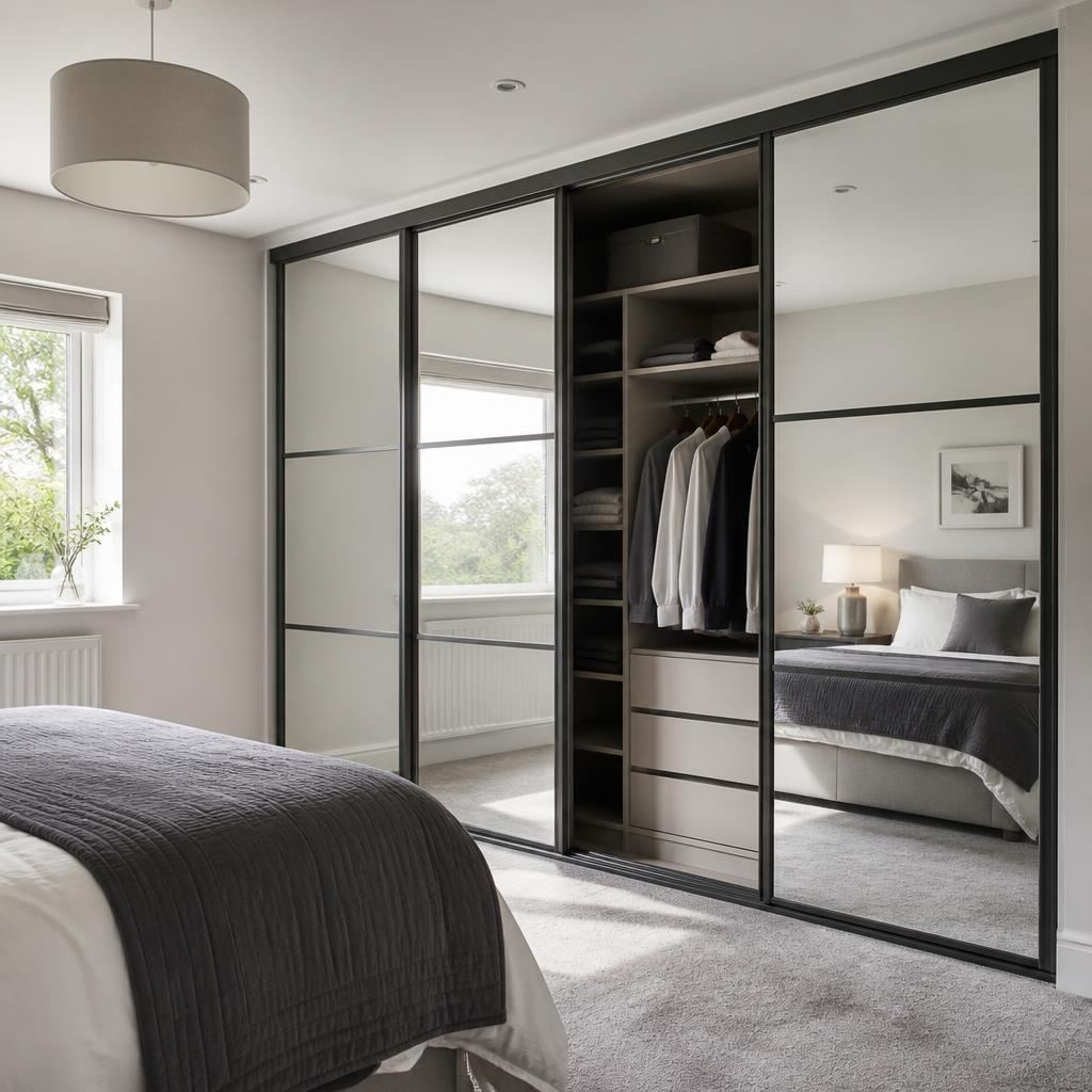 A newly fitted sliding wardrobe with mirrored doors installed in a modern bedroom, one door open to show hanging rails, shelves and drawers