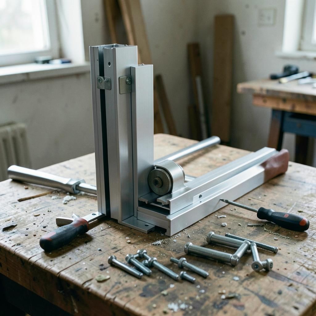Aluminium sliding door frame sections and roller runners laid out for assembly on the workbench