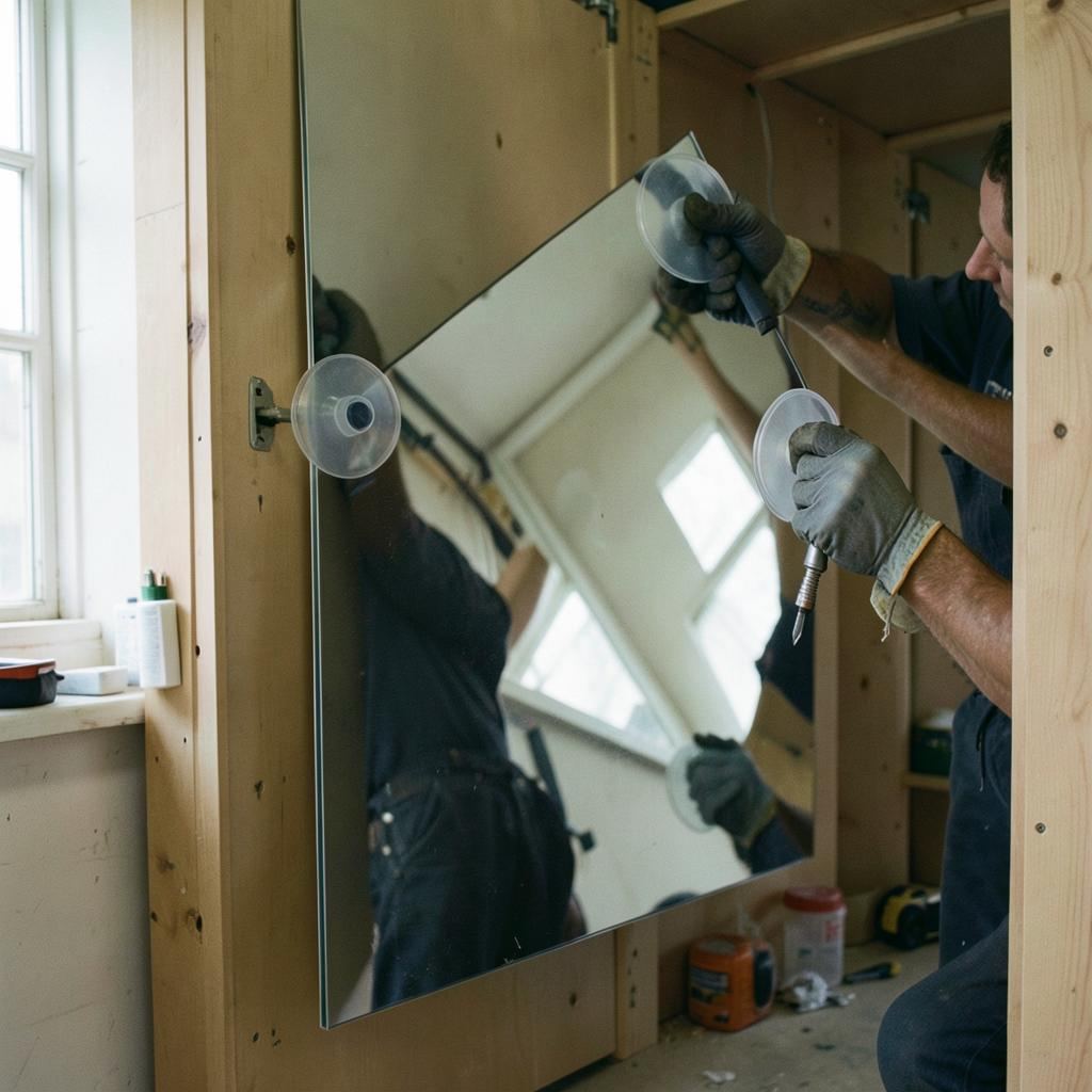A mirror panel being lifted into a sliding wardrobe door frame by hand in the workshop