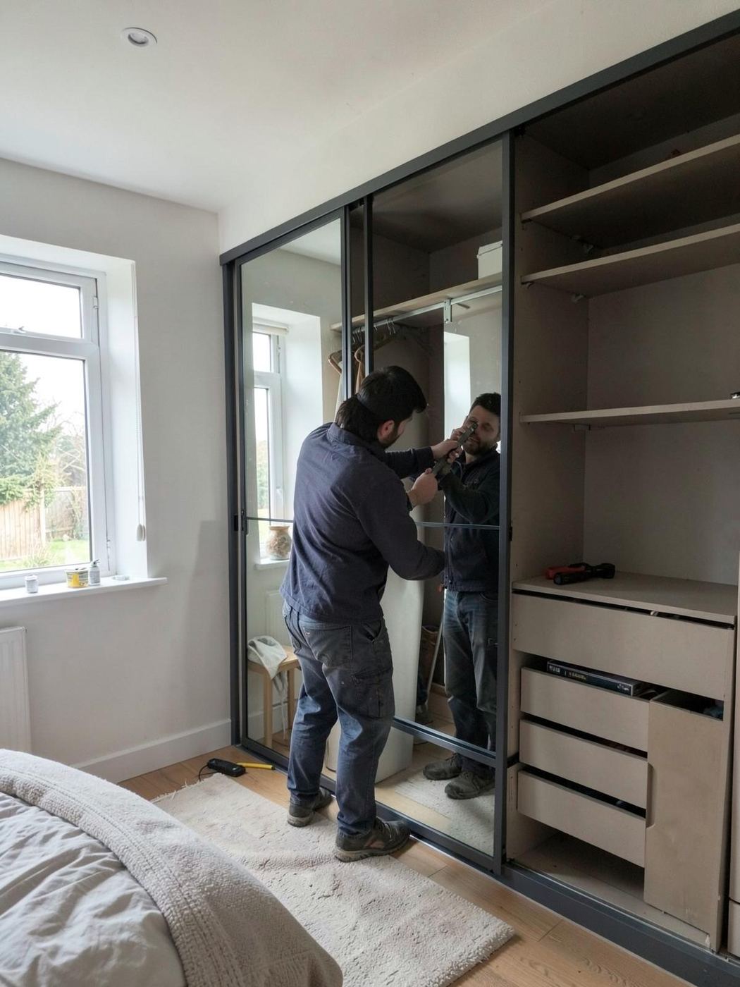 Sliding wardrobe being installed in a South Wales bedroom
