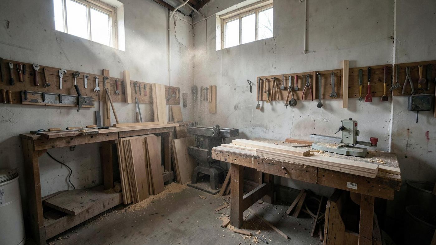 Inside the SP Mirror Wardrobes joinery workshop in Cilfynydd, with timber board stacked beside the benches
