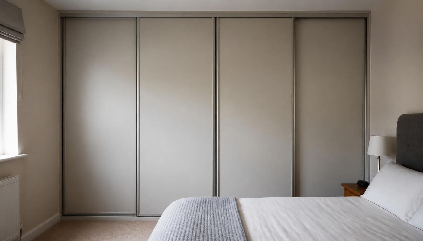 Warm grey solid panel sliding wardrobe doors fitted floor to ceiling in a recently decorated South Wales bedroom