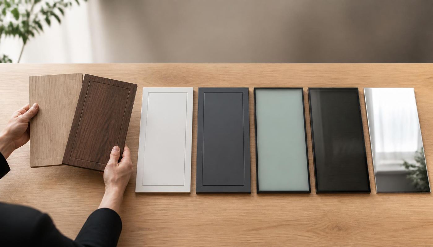 Wardrobe door samples in wood, matte, frosted glass and mirror finishes laid out for comparison