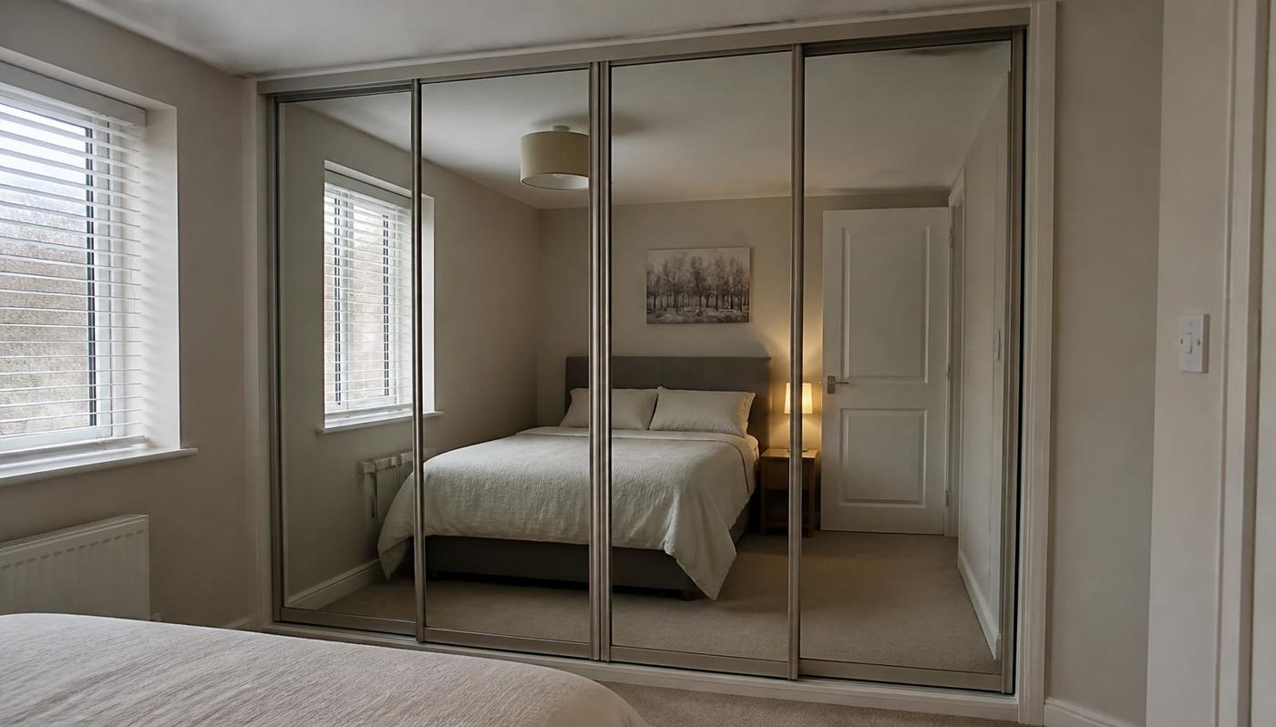 Mirror sliding wardrobe doors fitted floor to ceiling along the end wall of a small British box room bedroom