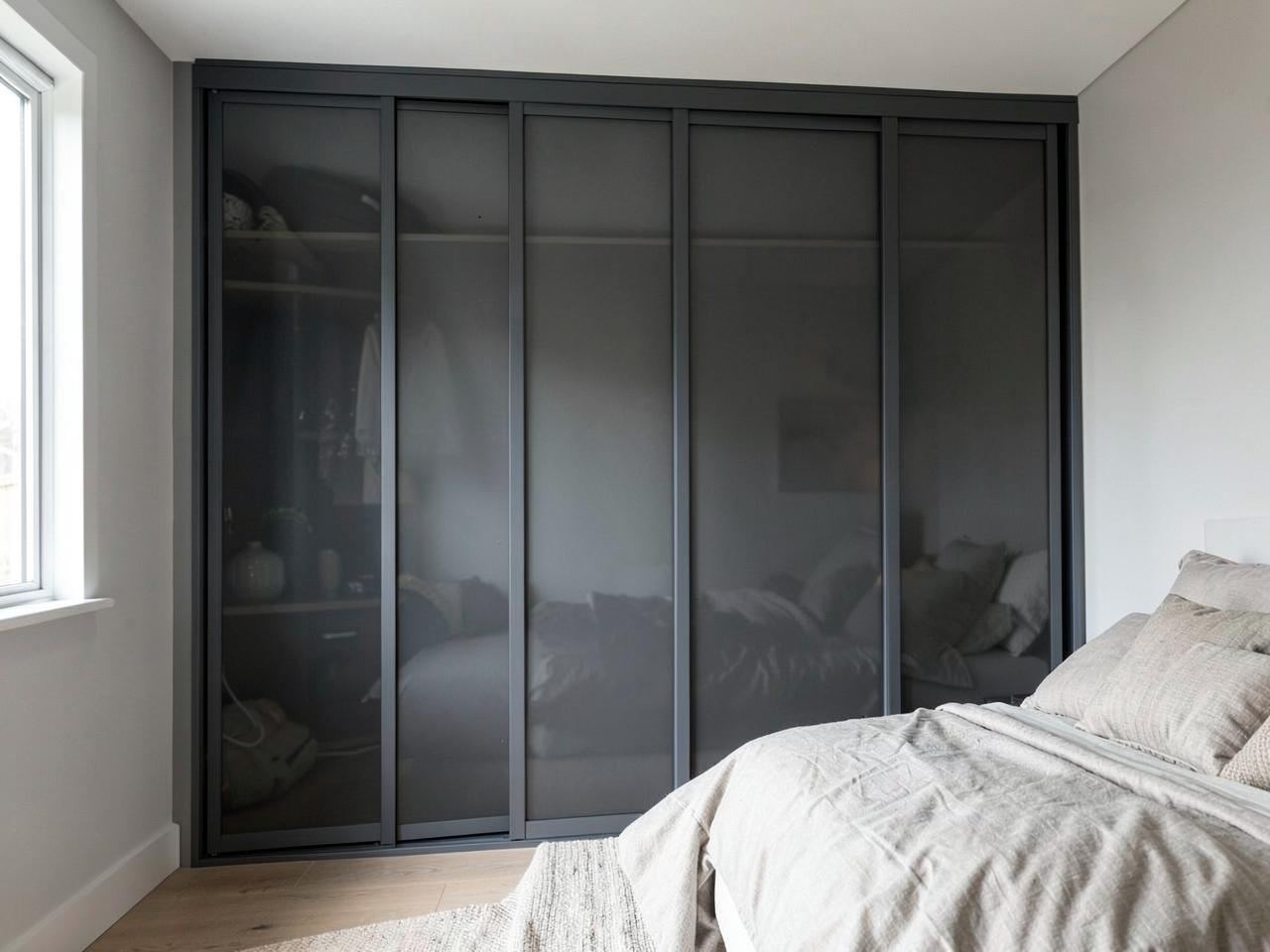 A South Wales bedroom with tinted clear glass sliding wardrobe doors showing a glimpse of the interior