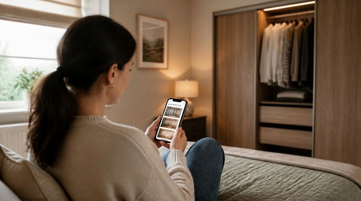 A home owner browsing fitted wardrobe ideas on a phone in a recently decorated bedroom