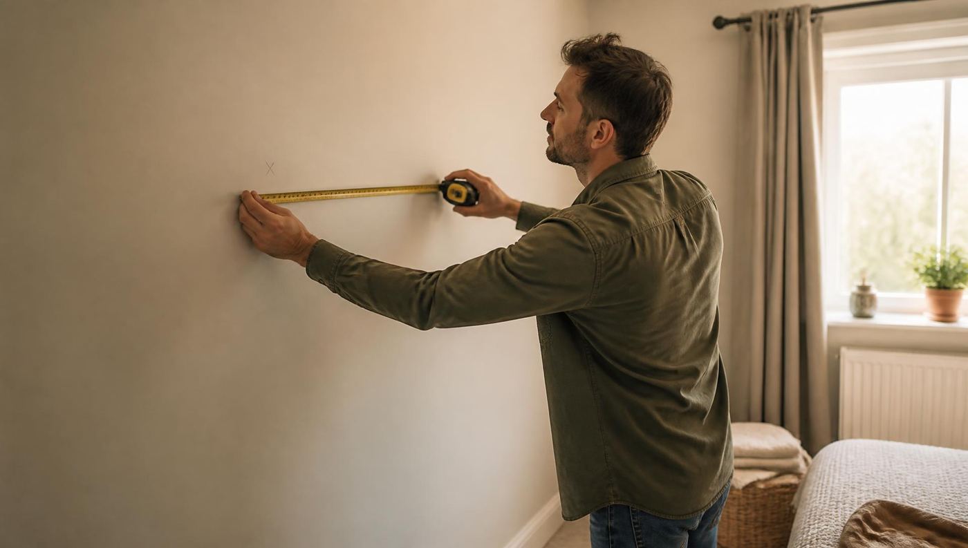 A home owner measuring up a bedroom wall with a tape measure before ordering fitted wardrobes