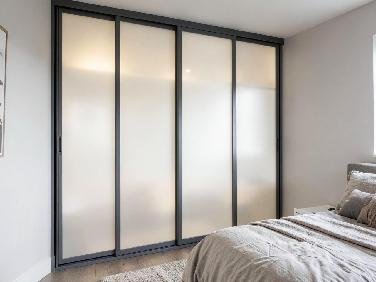 The same style of bedroom with frosted glass sliding wardrobe doors for a softer, more private look