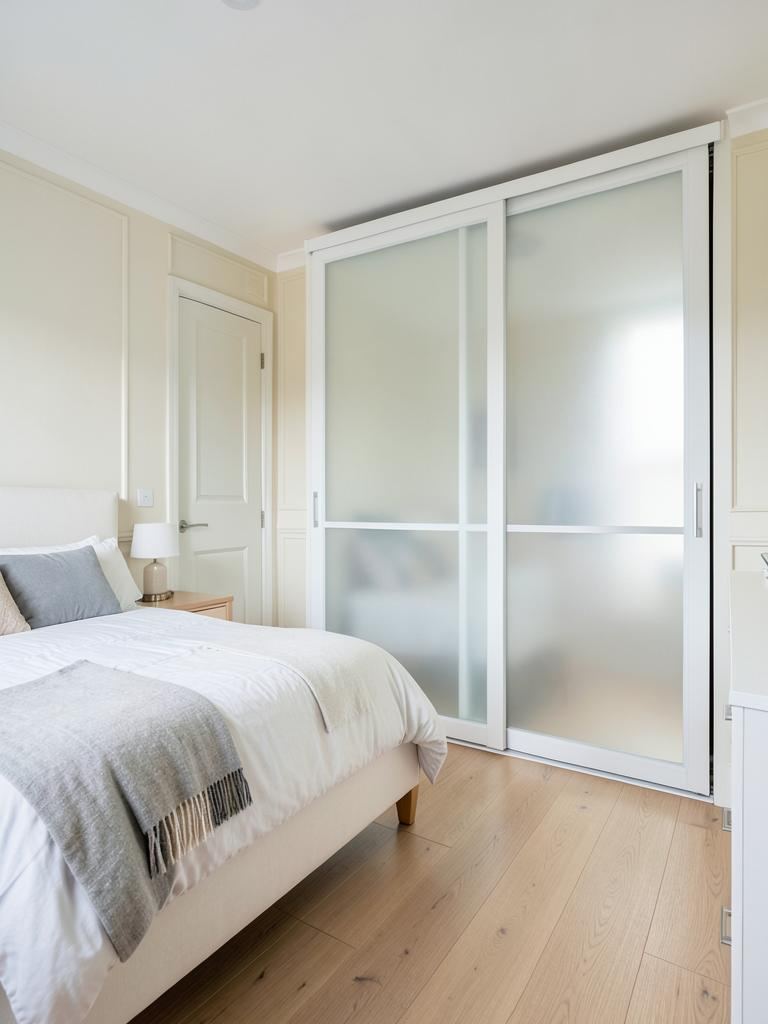 Tinted glass sliding wardrobe doors fitted floor to ceiling in a bedroom in Hawthorn, Pontypridd