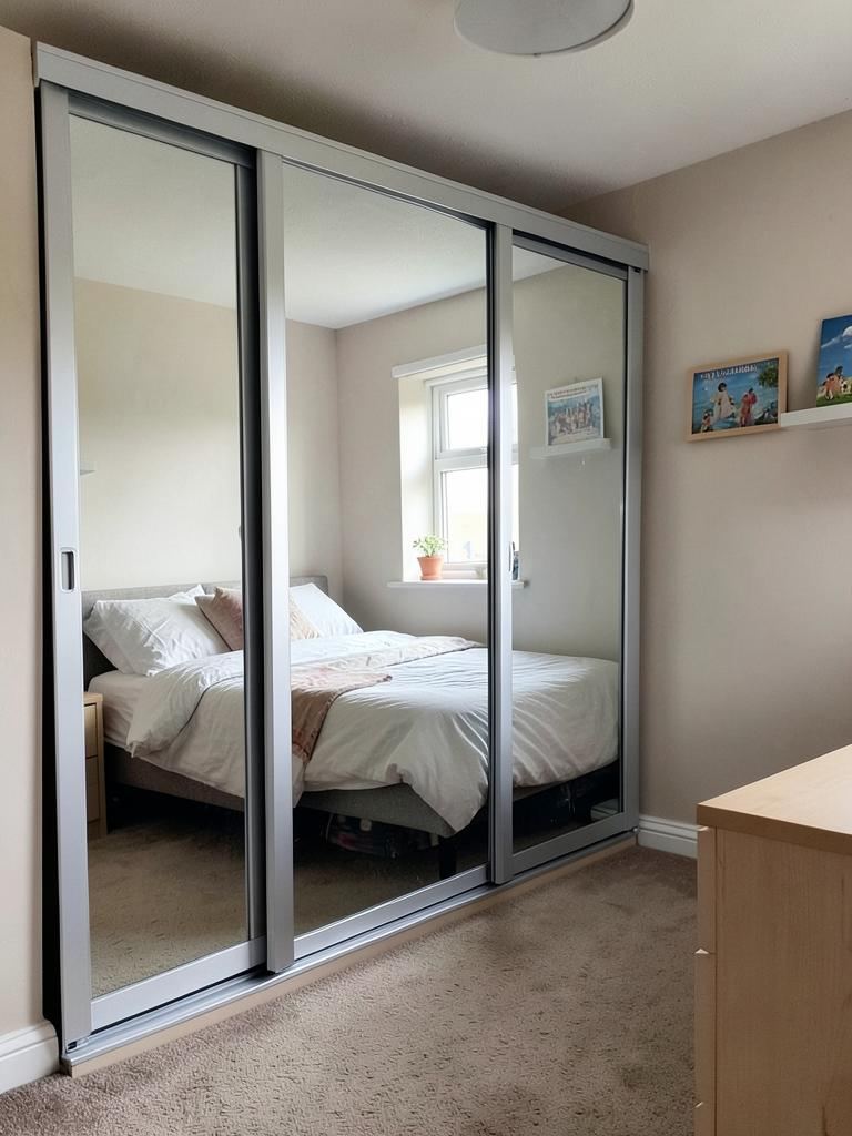 Mirror sliding wardrobe doors fitted in a back bedroom in Cilfynydd, Pontypridd