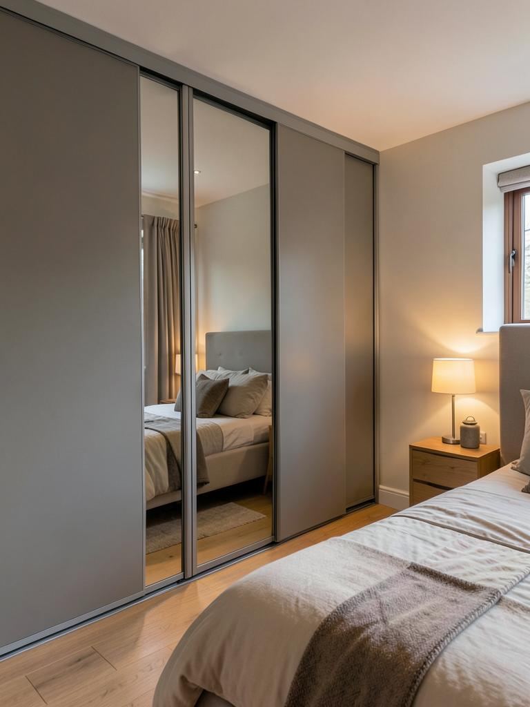 Mirror sliding doors mixed with grey solid panels in a bedroom in Whitchurch, Cardiff