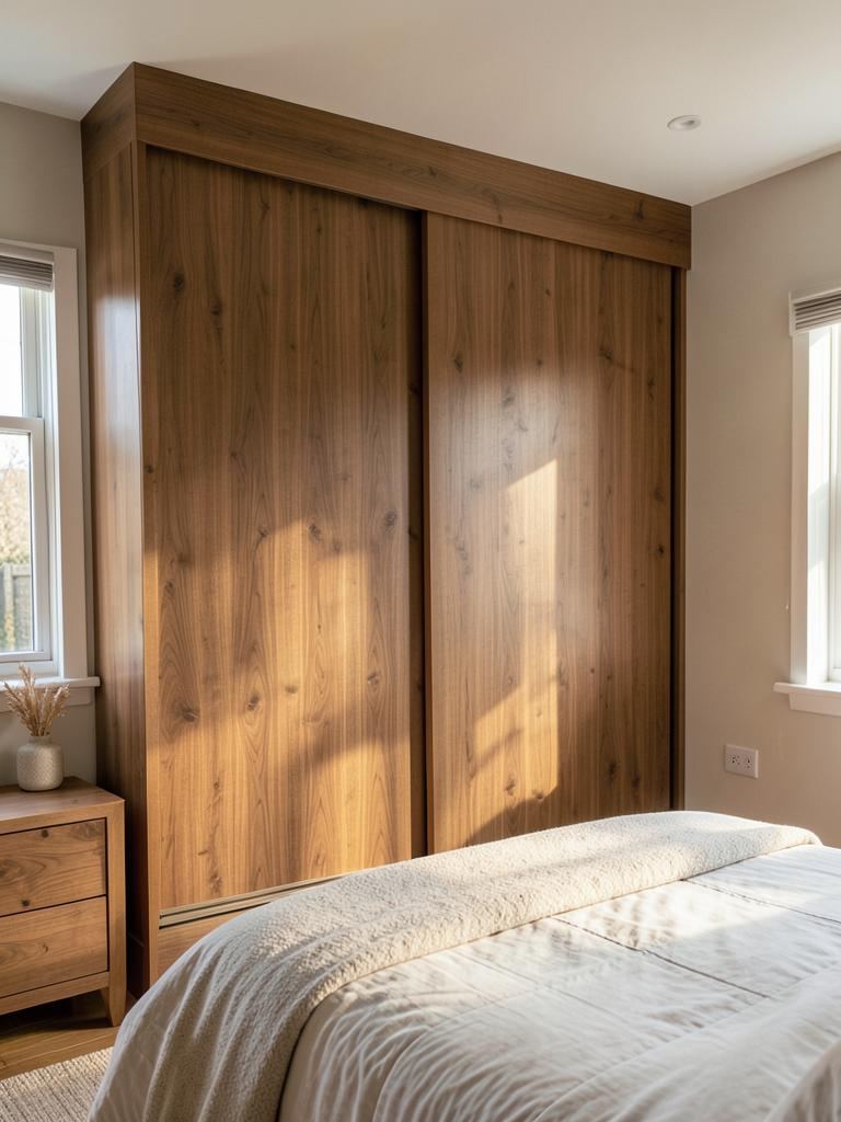 Walnut effect sliding wardrobe doors fitted wall to wall in a bedroom in Church Village, near Pontypridd