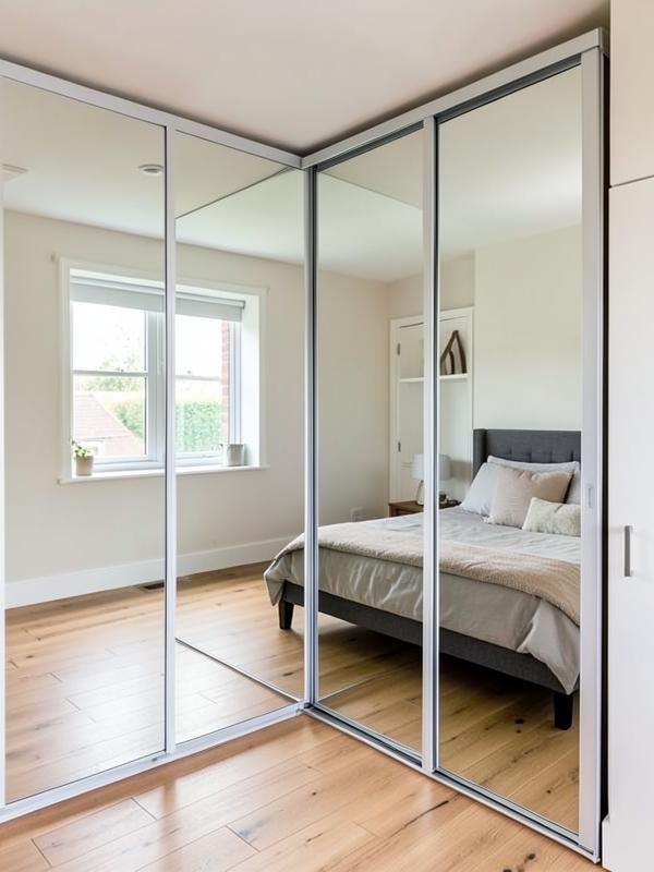 A full wall of fitted wardrobes with mirror doors