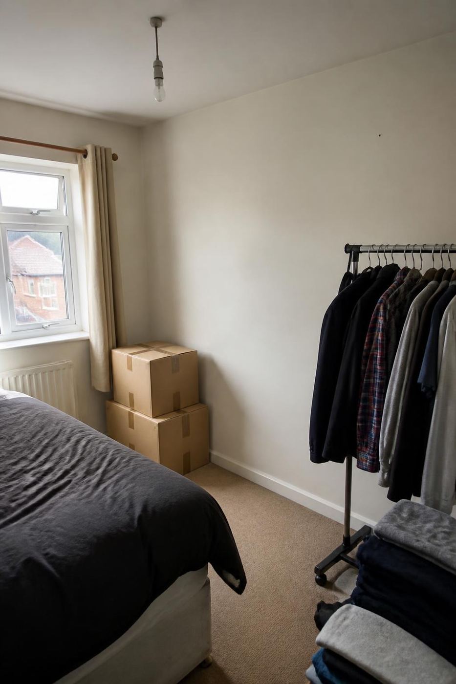 A plain freestanding flat-pack wardrobe in a regular UK bedroom before fitted mirror sliding doors