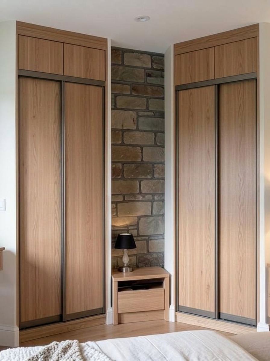 A finished fitted wardrobe in a bright bedroom
