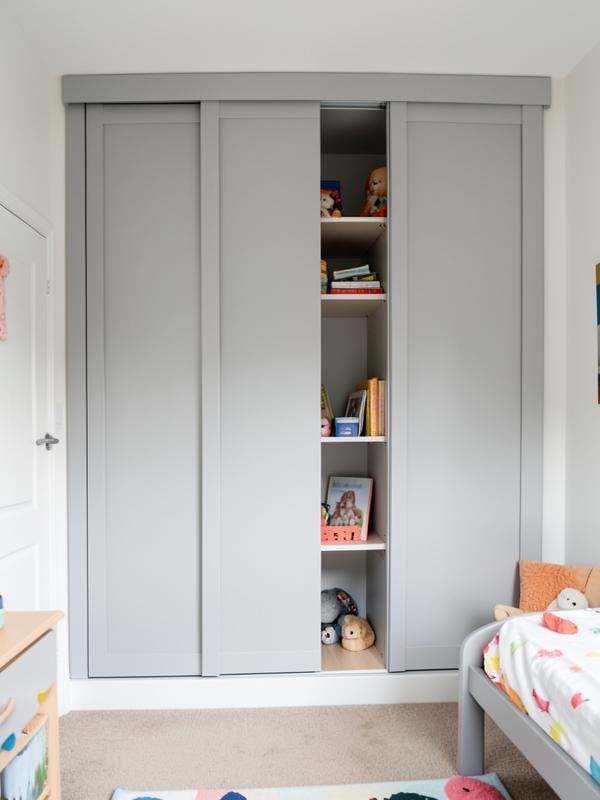 Oak effect sliding wardrobe doors fitted in a square bedroom in Glyncoch, Pontypridd