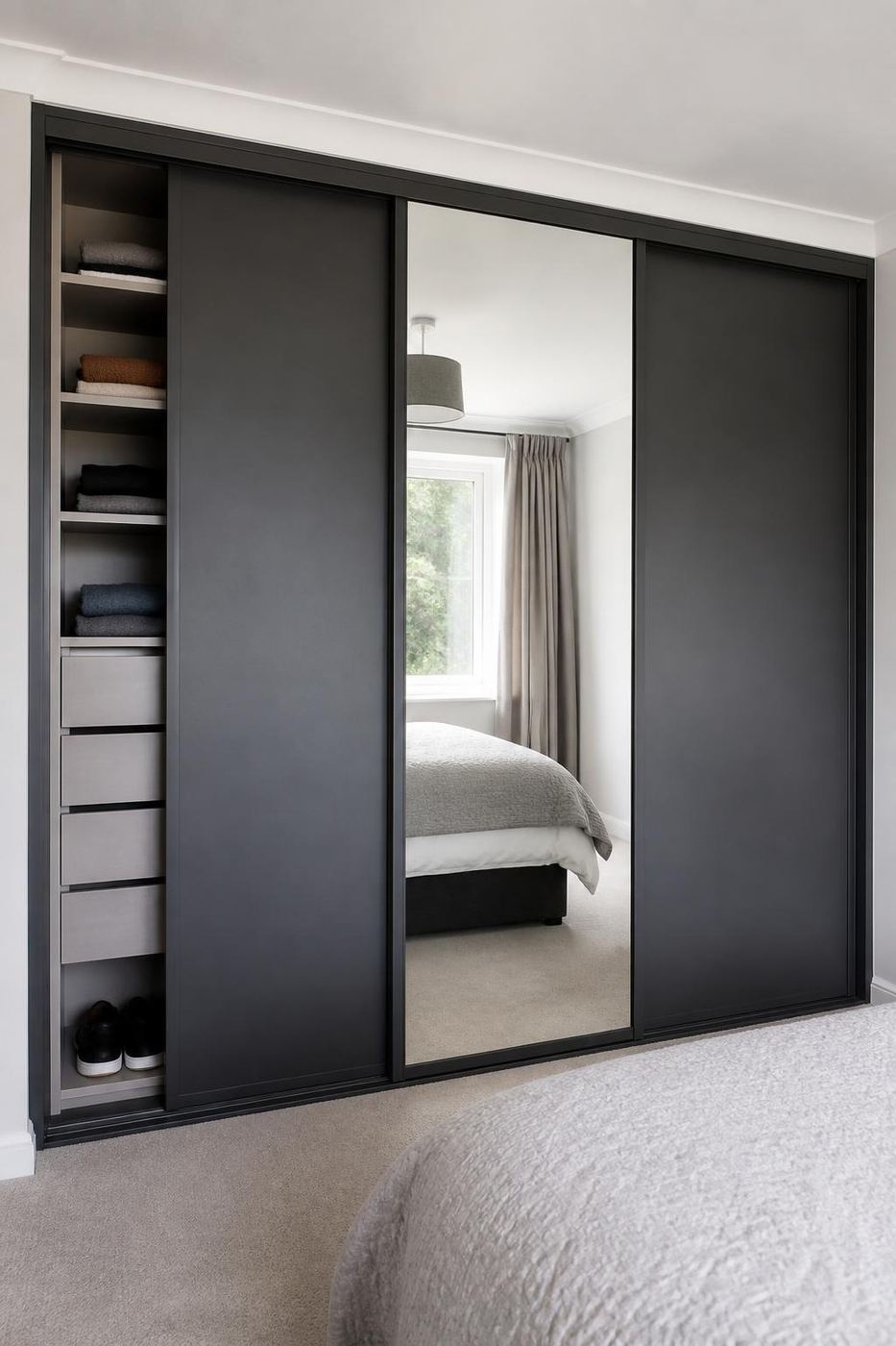 Safety-backed mirror sliding wardrobe doors fitted in a family bedroom in South Wales