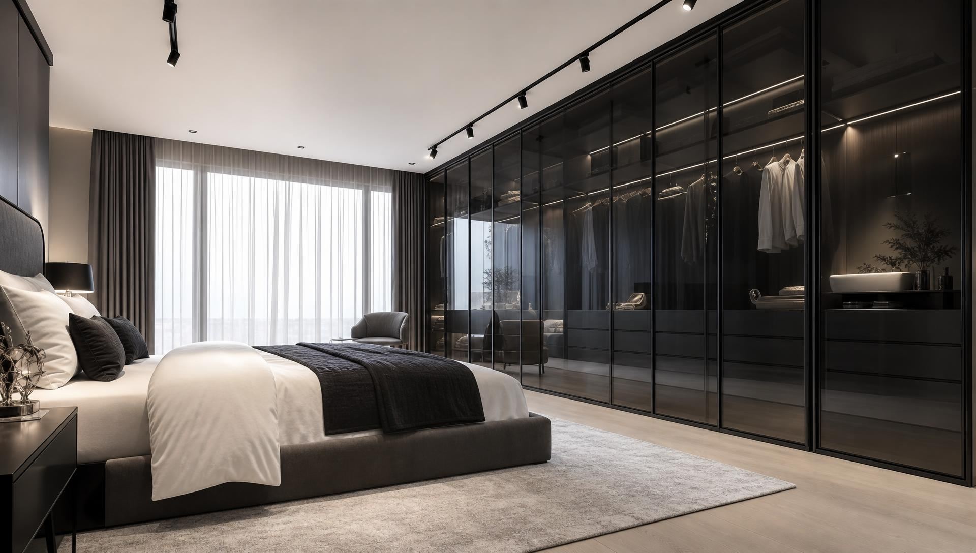 Cinematic monochrome bedroom with floor-to-ceiling glass sliding wardrobe doors in a modern South Wales home