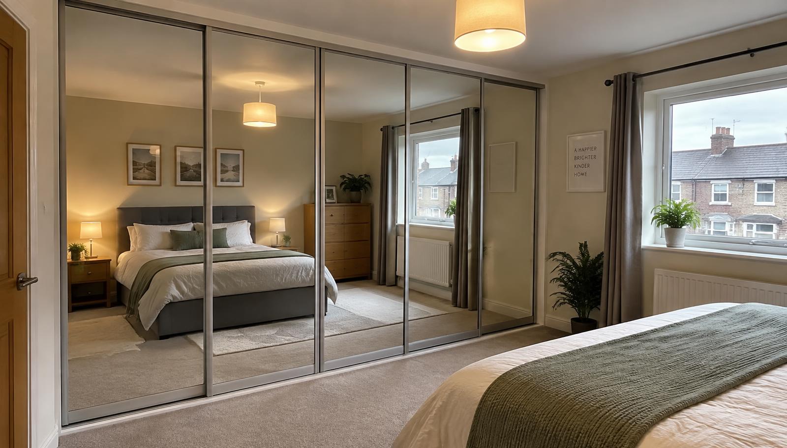 Mirror sliding wardrobe doors running floor to ceiling along one wall of a recently decorated terraced house bedroom in Port Talbot