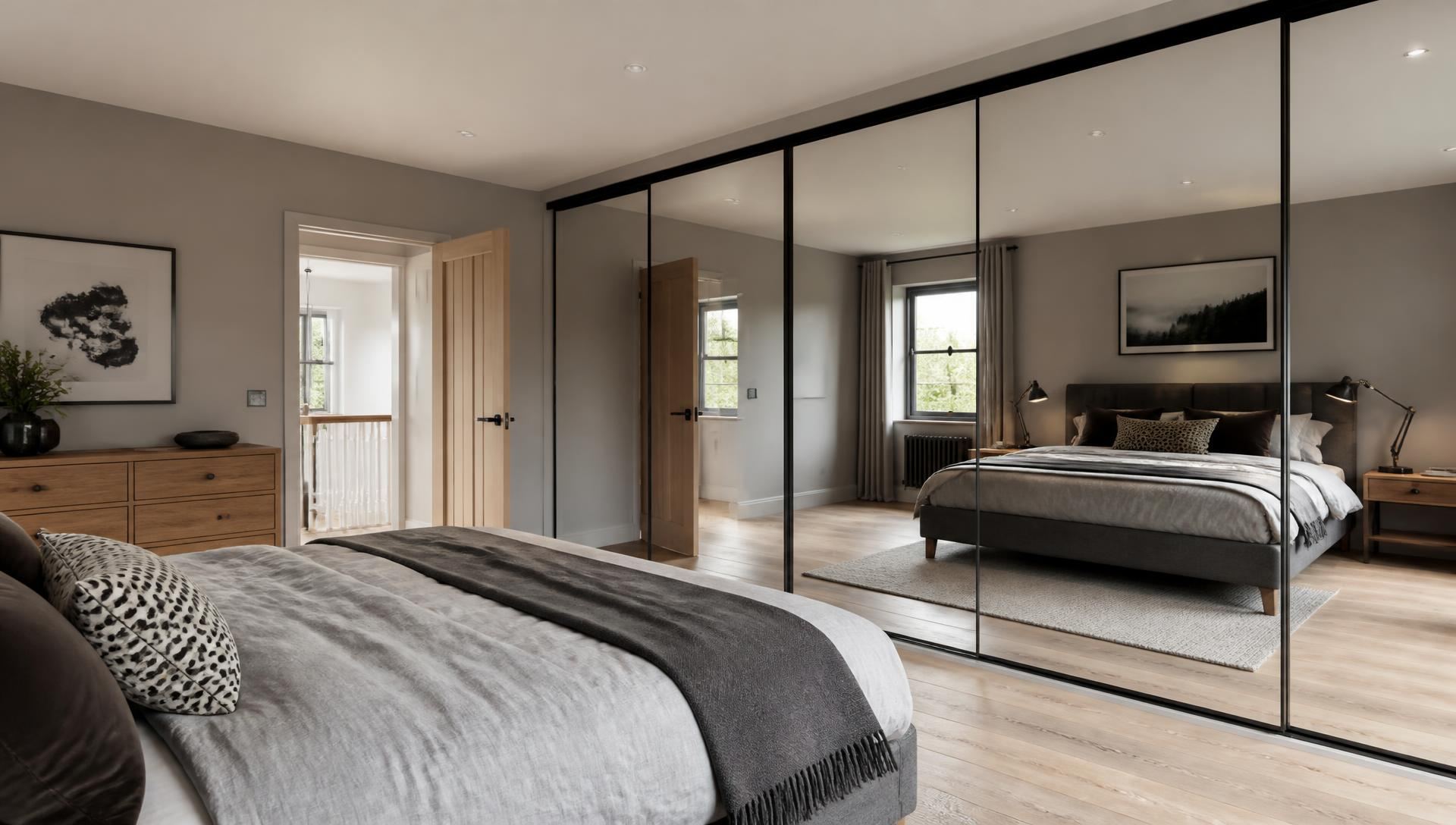 Full wall of glass sliding wardrobe doors fitted in a master bedroom in Merthyr Tydfil