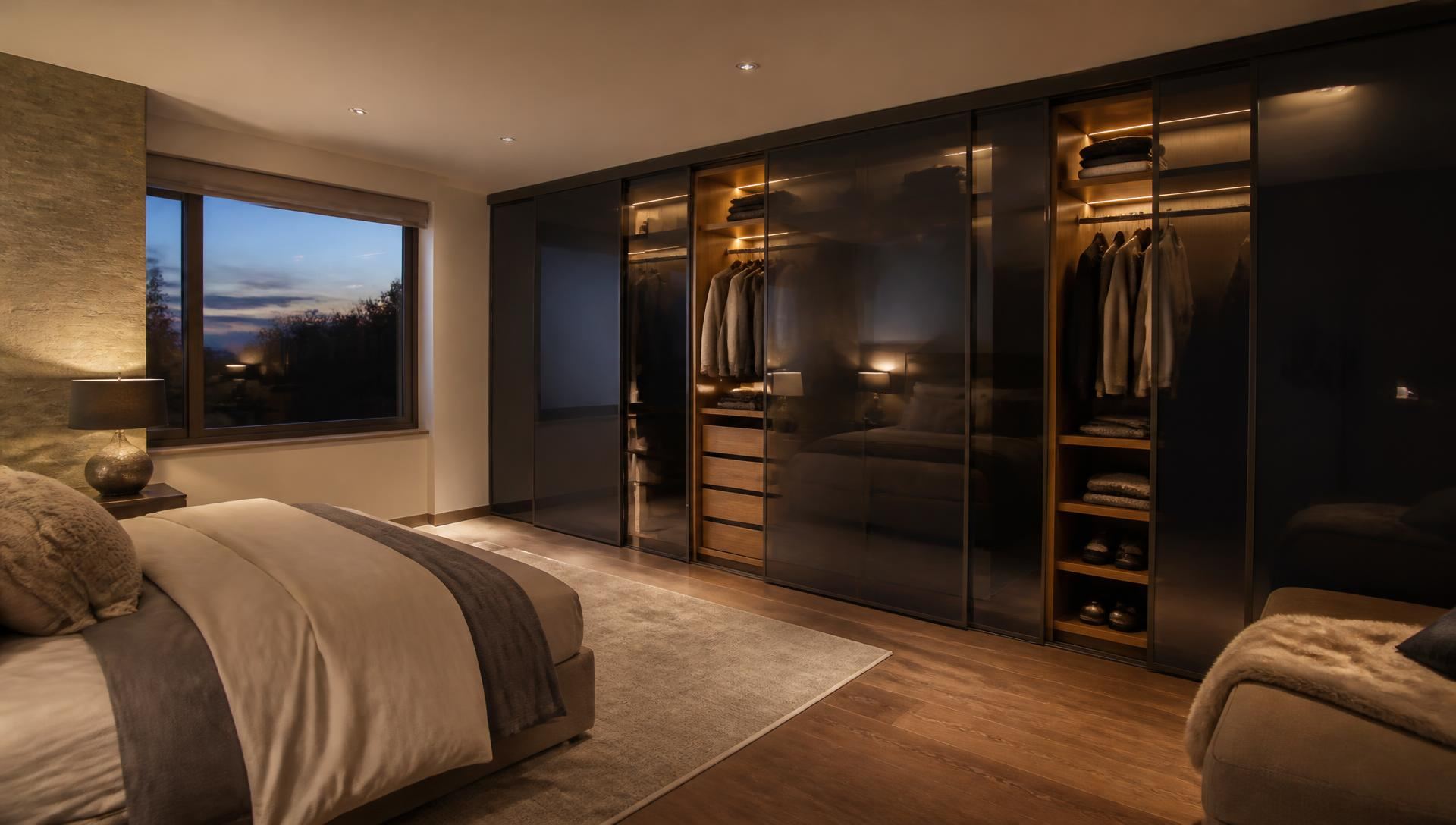 Dark tinted glass sliding wardrobe doors fitted in a village house bedroom in the Vale of Glamorgan