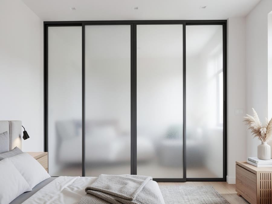 Frosted glass sliding wardrobe doors in a modern bedroom