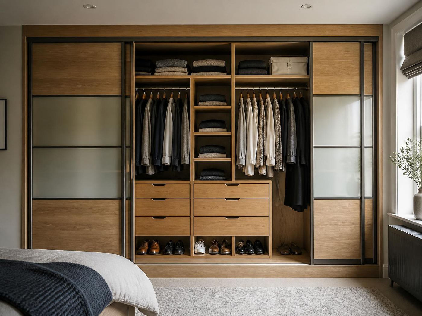 Inside of a fitted wardrobe with hanging rails, shelves and drawers