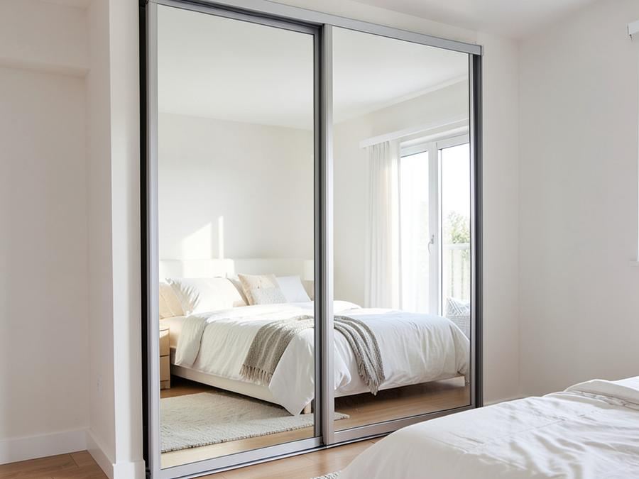 Mirrored sliding wardrobe doors reflecting a bright bedroom in South Wales