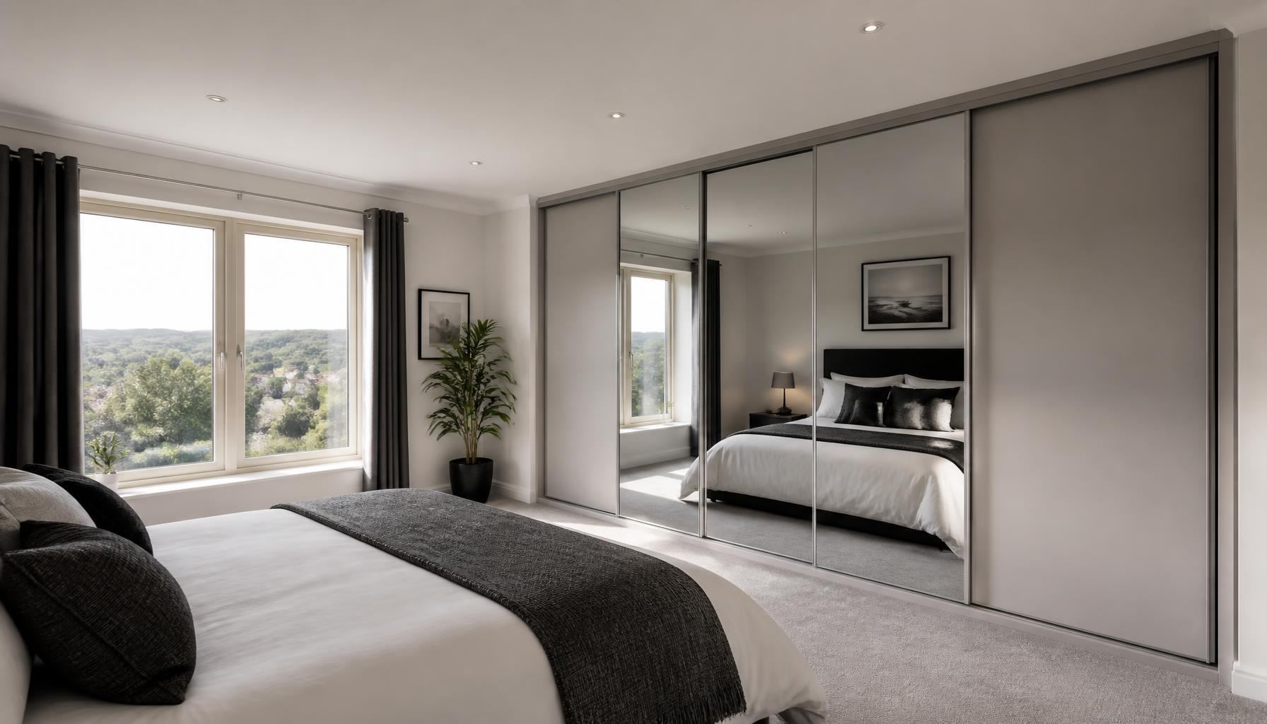 Fitted sliding wardrobes with mirrored doors in a South Wales bedroom