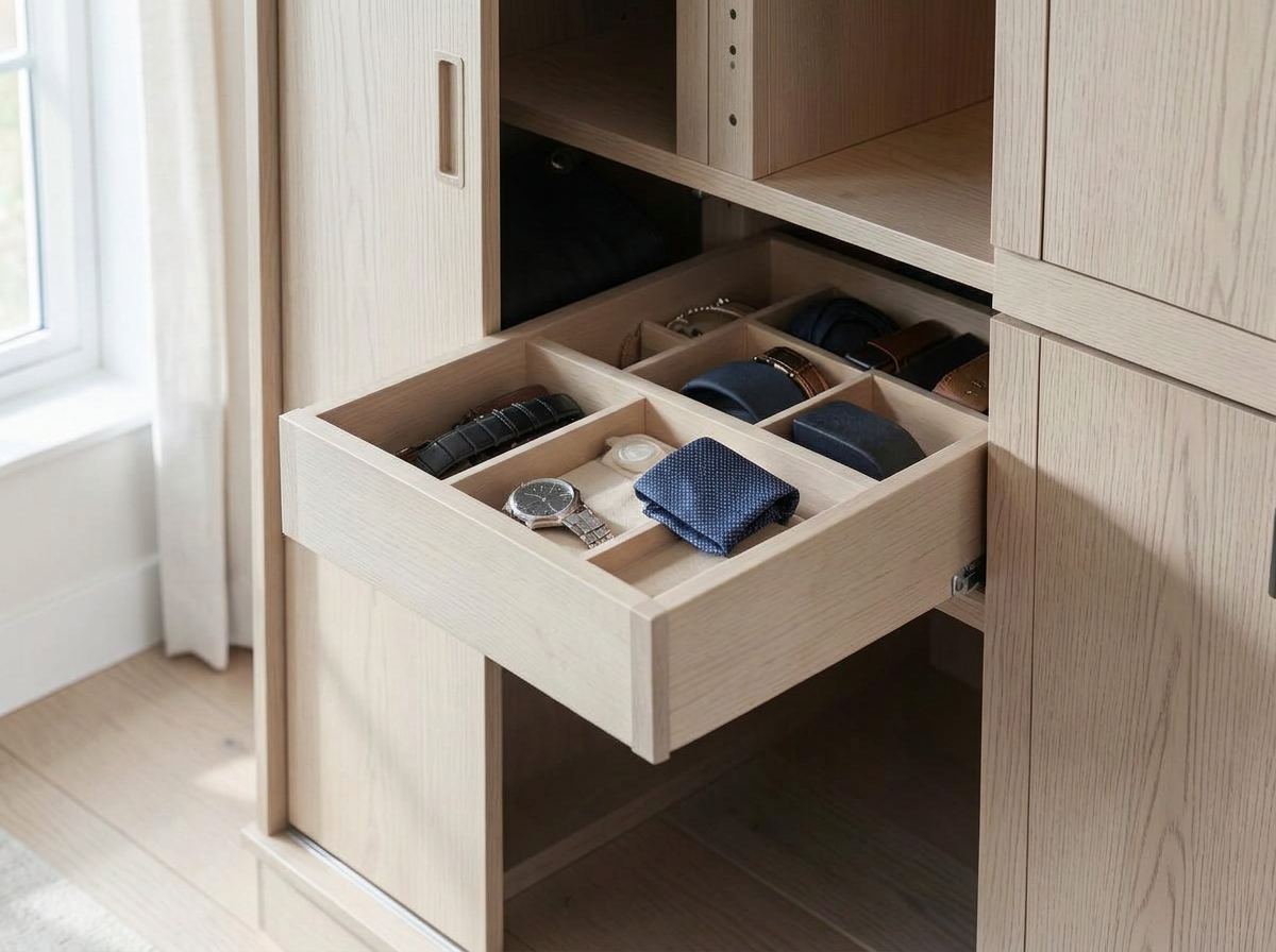 Slimline fitted wardrobe accessory drawer with divided storage for watches, jewellery, ties and belts