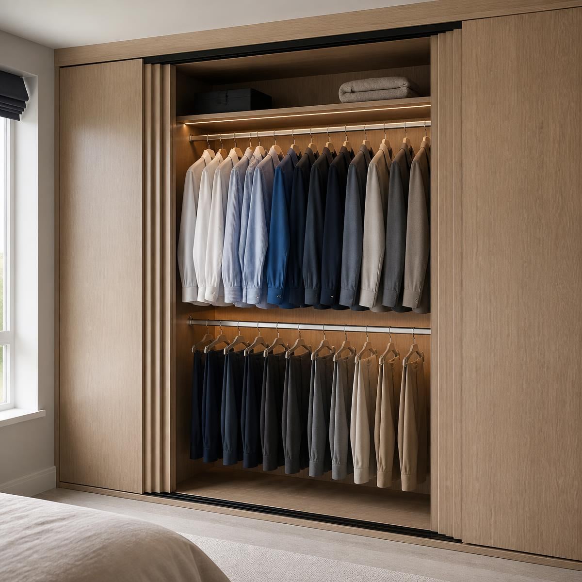Double hanging section inside a fitted wardrobe with shirts on the upper rail and trousers below