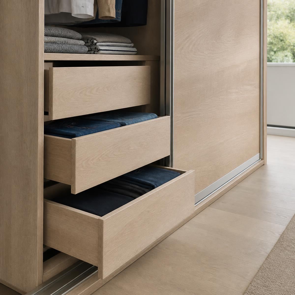 Internal wardrobe drawer pulled open showing neatly folded clothes