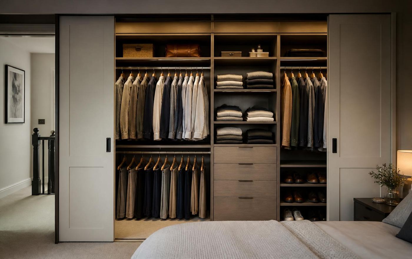 Open fitted wardrobe interior with hanging rails, shelving, drawers and shoe storage neatly organised