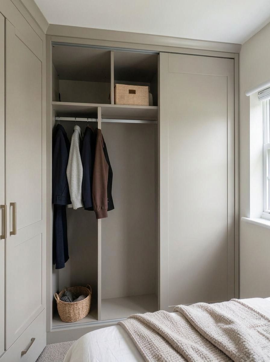 Fitted wardrobe interior with double hanging rails shared by two people in Cardiff