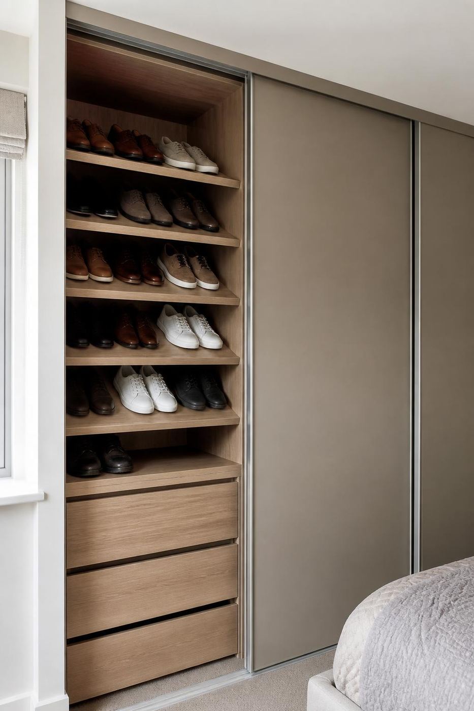 Fitted wardrobe interior with angled shoe shelves in a box room in Rhydyfelin