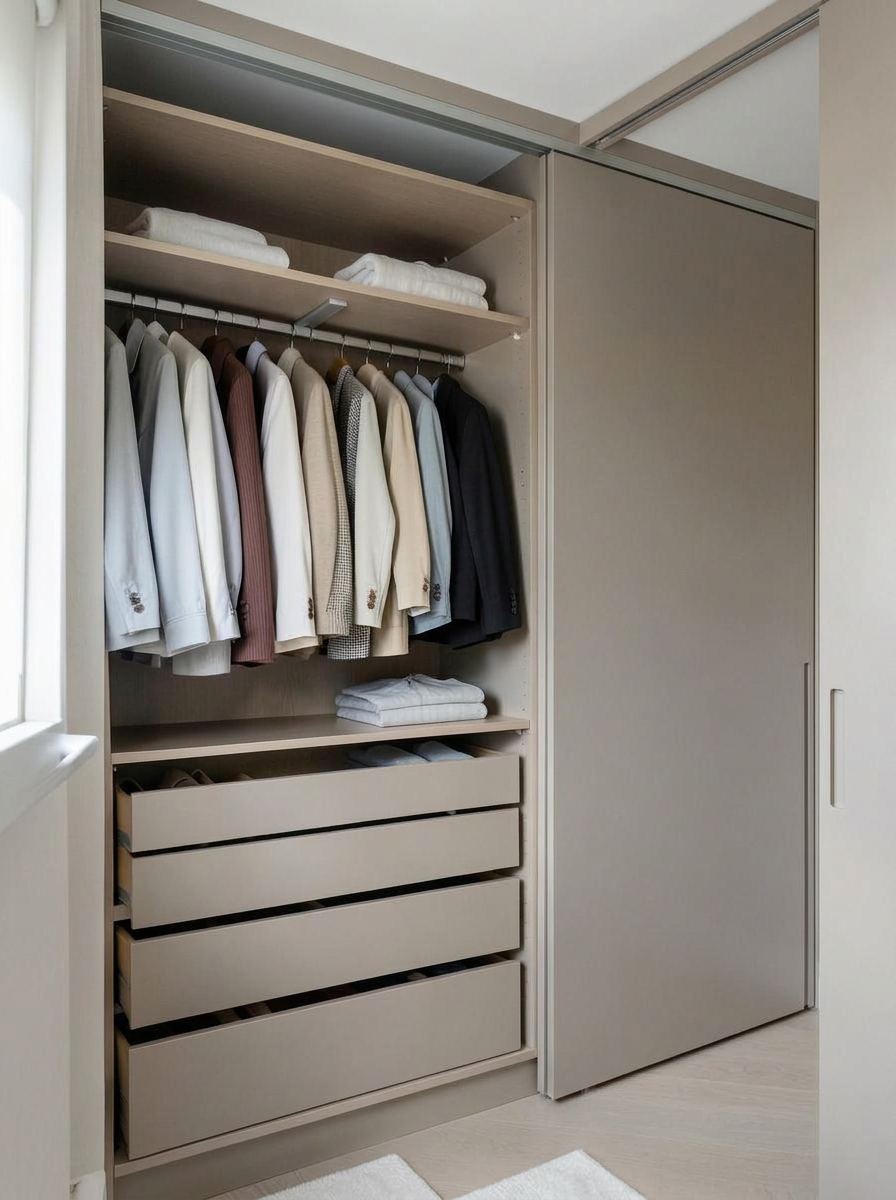 Fitted wardrobe interior with internal drawers beside hanging clothes in Caerphilly