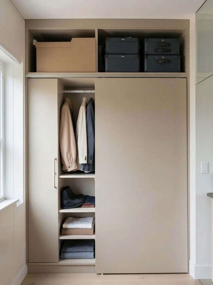 Fitted wardrobe interior with top box storage above head height in Bridgend