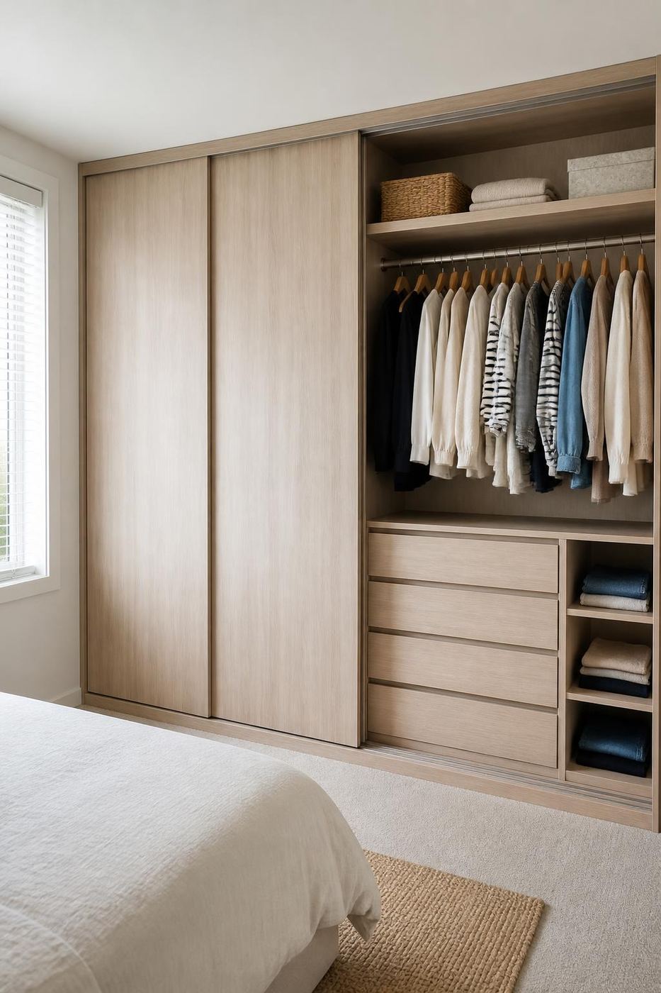 Fitted wardrobe interior with a tall long hanging section for dresses and coats beside adjustable shelving