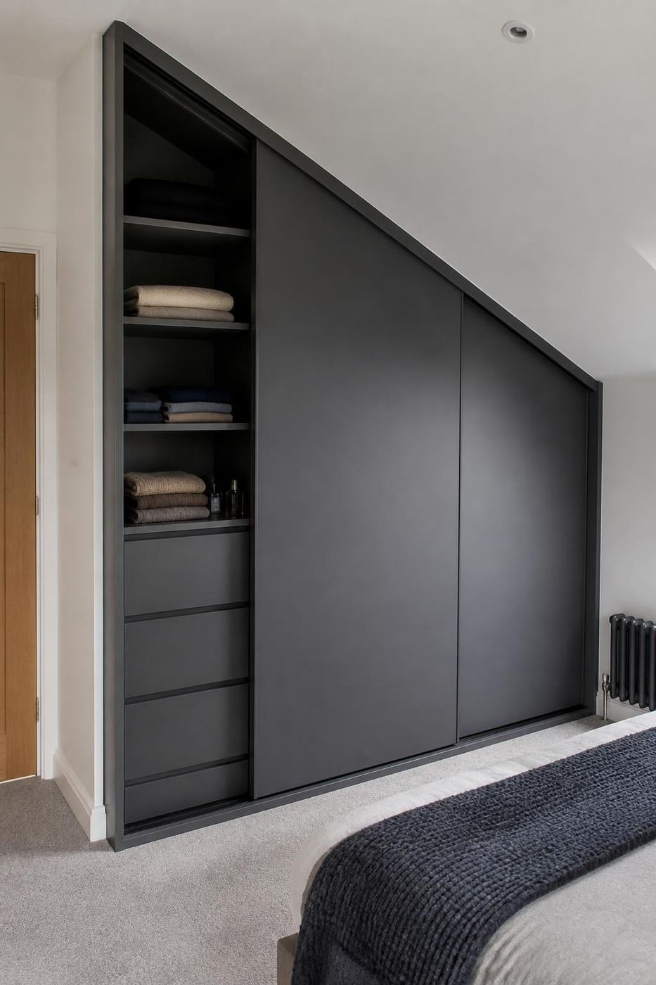 Fitted storage interior built under a sloping attic ceiling with shelves and drawers