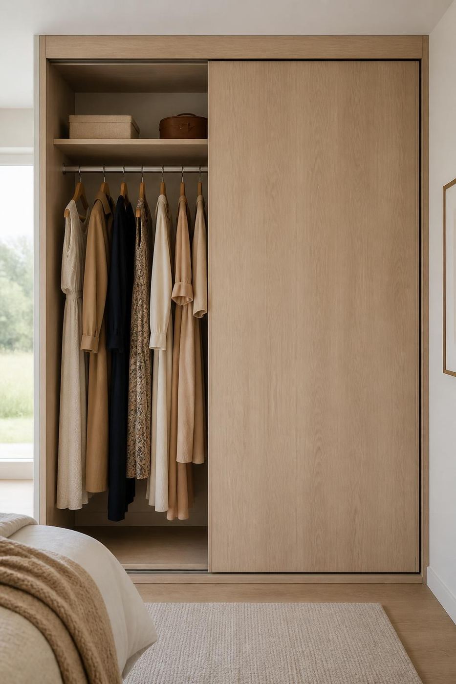 Long hanging section inside a fitted wardrobe with full length coats and dresses on a high rail