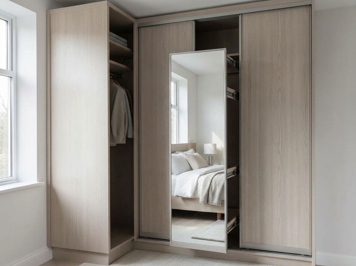 Full length pull-out mirror extended from inside a fitted wardrobe run